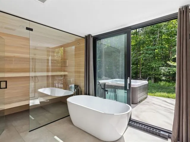 Spa suite with sauna, freestanding tub, and hot tub visible through glass doors