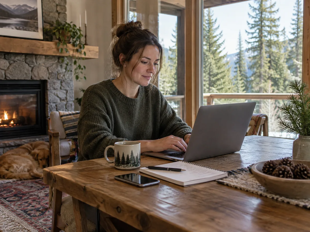 Person working at a table beside a window